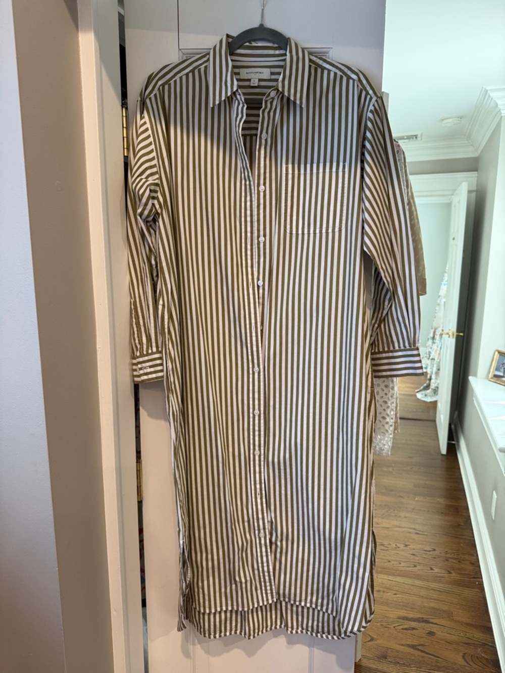 Banana Republic Factory Olive and White Striped Button-Down Shirt Dress